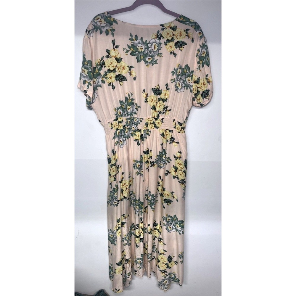 Womens XXL Floral Midi Dress Pink Yellow Cottagecore Smocked Waist Romantic - Picture 8 of 10
